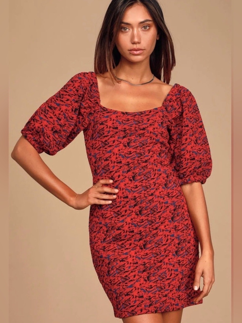 Free People Red Puff-Sleeve Square Neck Mini Dress